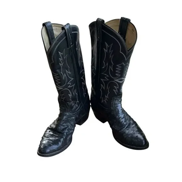 Vintage TONY LAMA Black‎ Exotic Western Dress Boots Full Quill Ostrich Size 8.5C